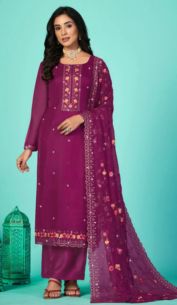Embroidered Organza Purple Designer Party Wear Palazzo Salwar Kameez - 8348181922