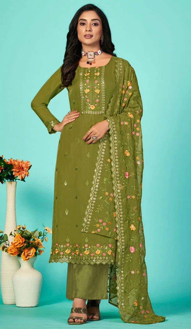 Embroidered Organza Olive Green Designer Party Wear Palazzo Salwar Kameez - 8348181923