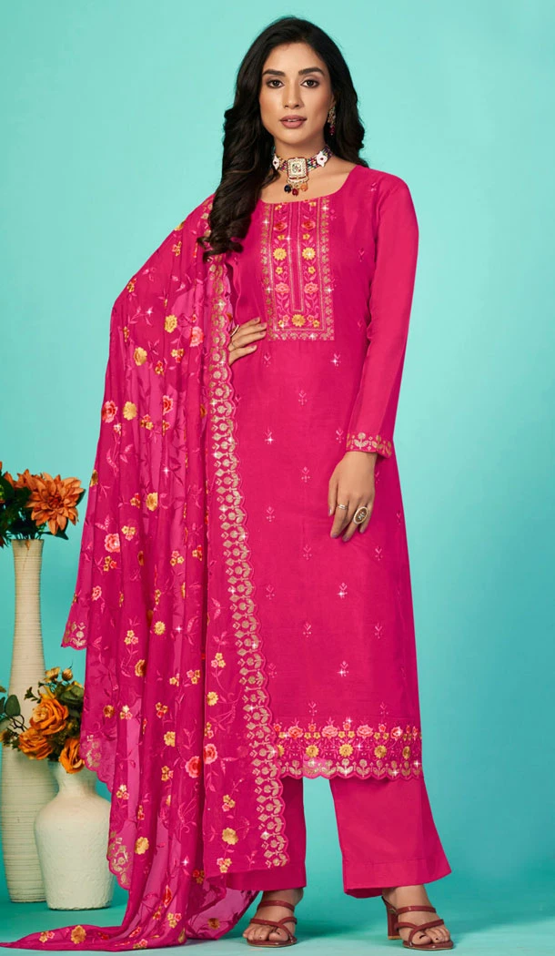 Embroidered Organza Pink Designer Party Wear Palazzo Salwar Kameez - 8348181924