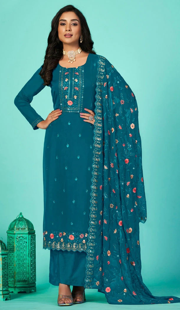 Embroidered Organza Teal Designer Party Wear Palazzo Salwar Kameez - 8348181925