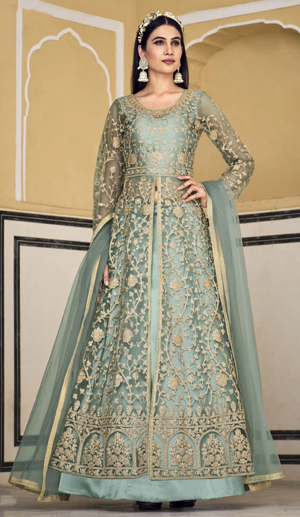 Wedding Wear Pure Butterfly Net Embroidered Anarkali Style Salwar Suit In Sky Blue - 8349181926