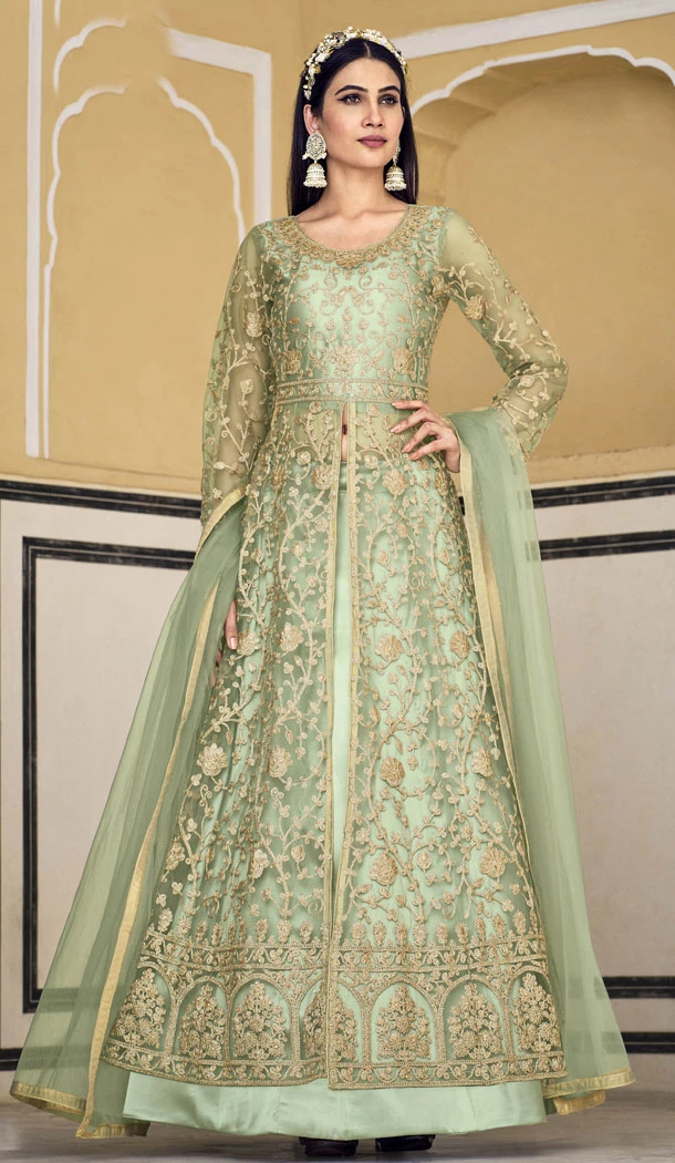 Wedding Wear Pure Butterfly Net Embroidered Anarkali Style Salwar Suit In Pista - 8349181928