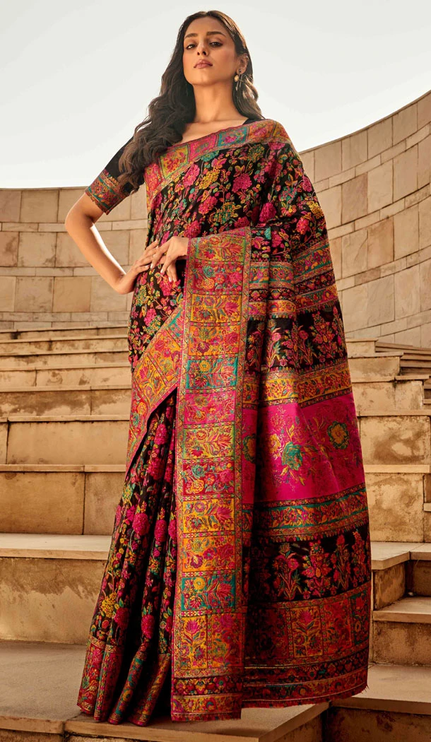 Kashmiri Handloom Woven Work Designer Black Party Wear Saree - 8352181938
