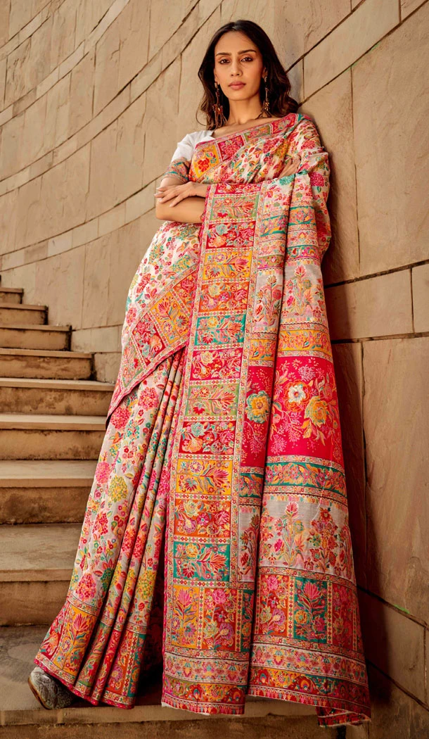 Kashmiri Handloom Woven Work Designer White Party Wear Saree - 8352181939