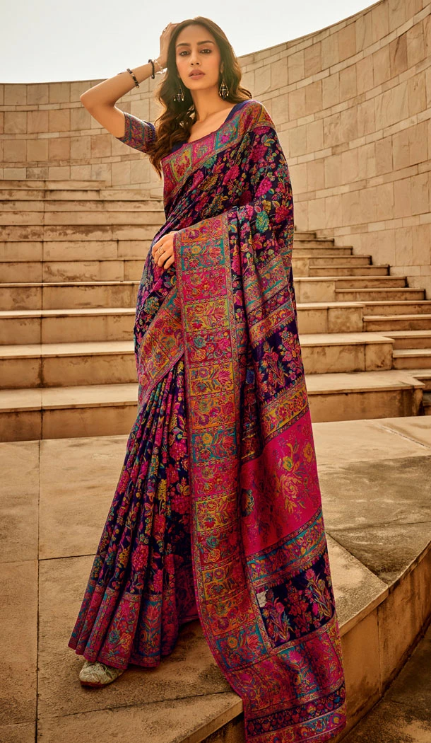 Kashmiri Handloom Woven Work Designer Navy Blue Party Wear Saree - 8352181940