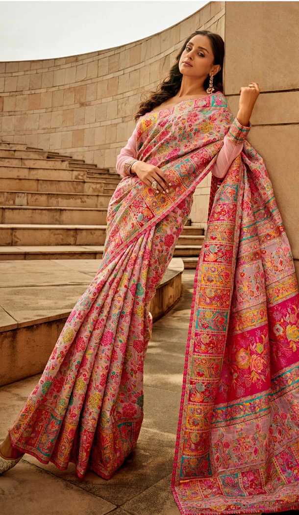 Kashmiri Handloom Woven Work Designer Pink Party Wear Saree - 8352181941