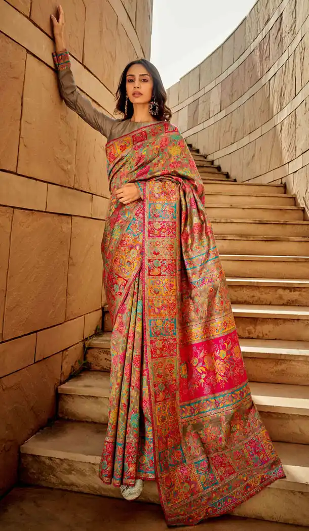 Kashmiri Handloom Woven Work Designer Light Brown Party Wear Saree - 8352181942