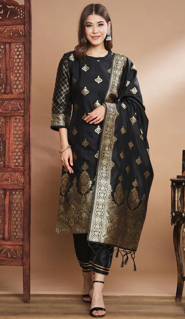 Black Traditional Cotton Silk Woven Work Casual Wear Readymade Salwar Suit - 8354181946