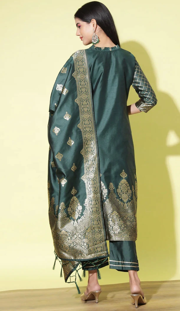 Green Traditional Cotton Silk Woven Work Casual Wear Readymade Salwar Suit - 8354181947