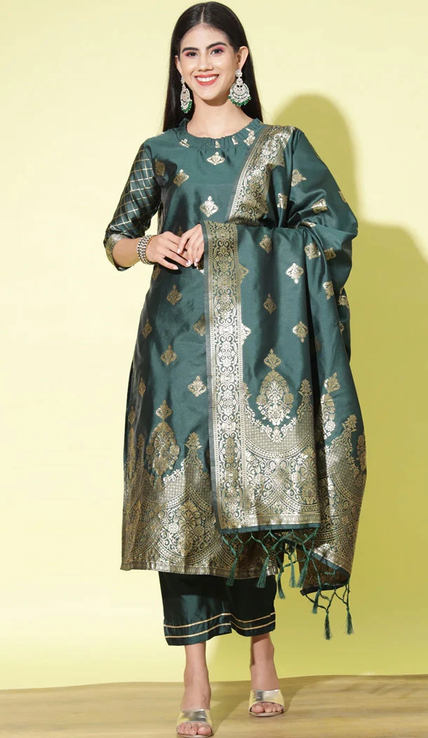 Green Traditional Cotton Silk Woven Work Casual Wear Readymade Salwar Suit - 8354181947