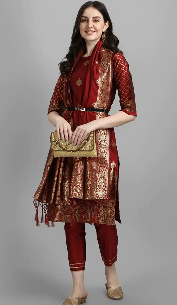 Maroon Traditional Cotton Silk Woven Work Casual Wear Readymade Salwar Suit - 8354181948