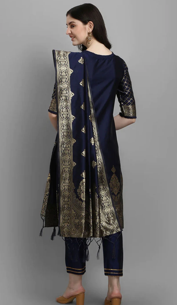 Navy Blue Traditional Cotton Silk Woven Work Casual Wear Readymade Salwar Suit - 8354181949