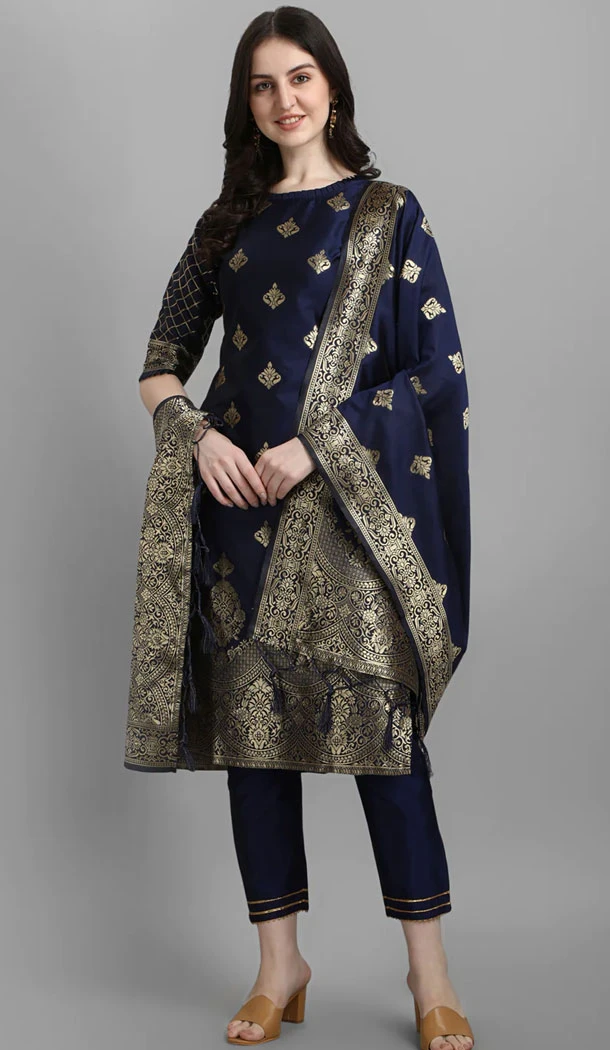 Navy Blue Traditional Cotton Silk Woven Work Casual Wear Readymade Salwar Suit - 8354181949