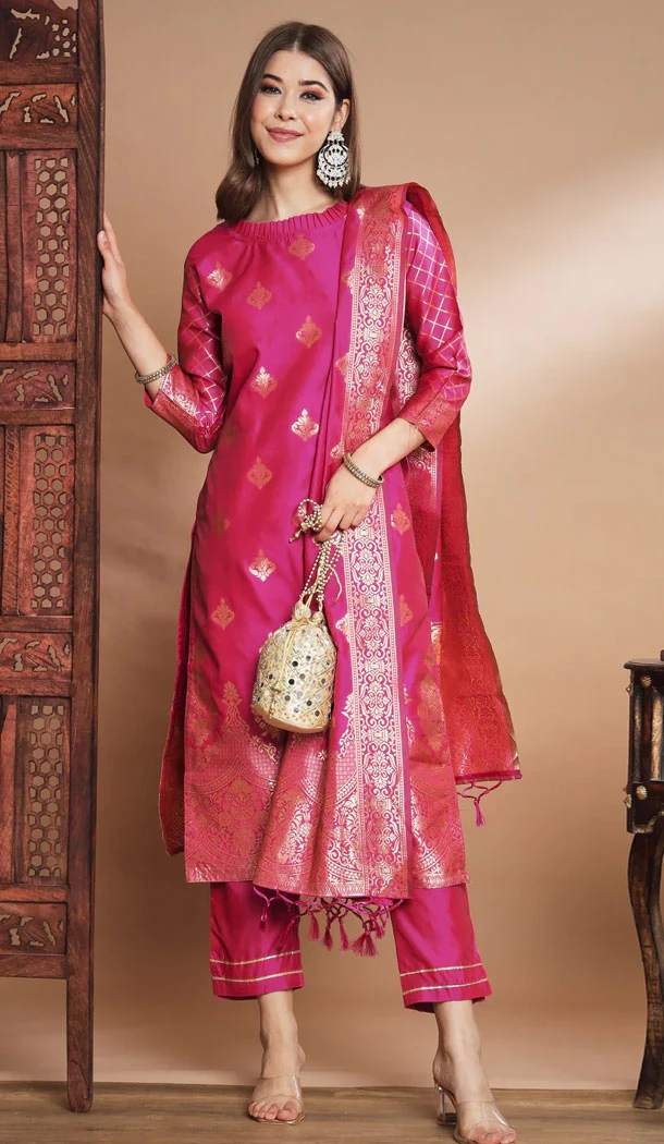 Pink Traditional Cotton Silk Woven Work Casual Wear Readymade Salwar Suit - 8354181950