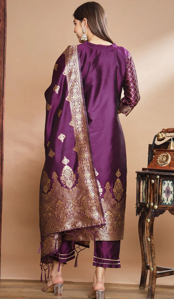 Purple Traditional Cotton Silk Woven Work Casual Wear Readymade Salwar Suit - 8354181951