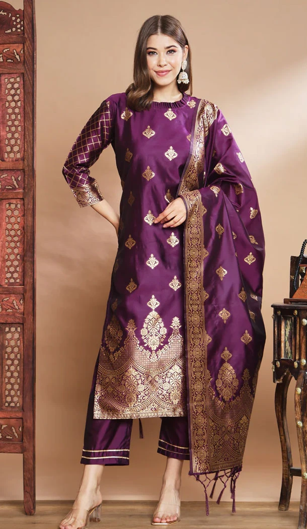 Purple Traditional Cotton Silk Woven Work Casual Wear Readymade Salwar Suit - 8354181951