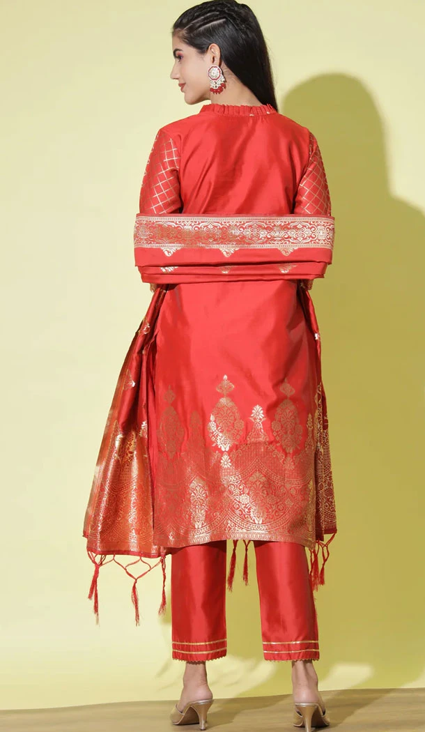 Red Traditional Cotton Silk Woven Work Casual Wear Readymade Salwar Suit - 8354181953
