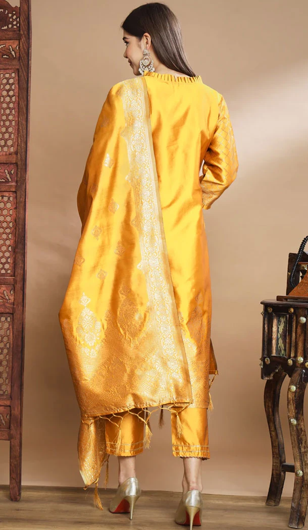 Yellow Traditional Cotton Silk Woven Work Casual Wear Readymade Salwar Suit - 8354181954