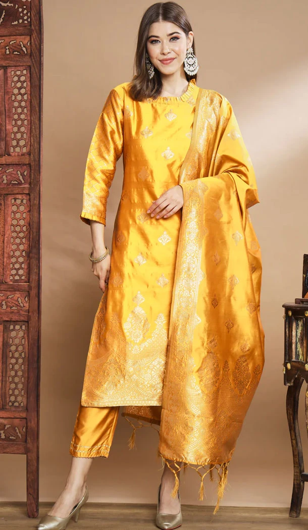 Yellow Traditional Cotton Silk Woven Work Casual Wear Readymade Salwar Suit - 8354181954