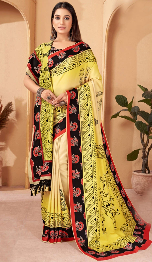 Pashmina Digital Print Work Designer Saree In Yellow - 8361181982