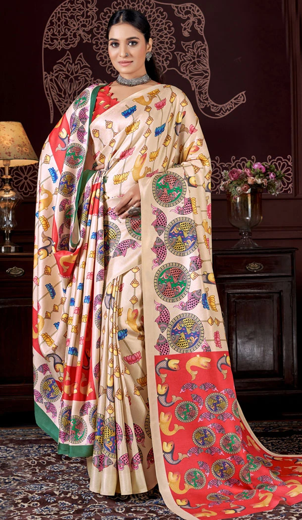 Pashmina Digital Print Work Designer Saree In Off White - 8361181984