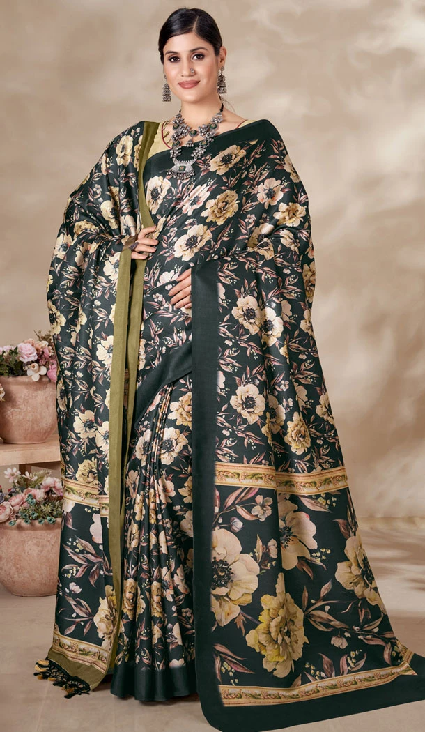 Pashmina Digital Print Work Designer Saree In Black - 8361181985