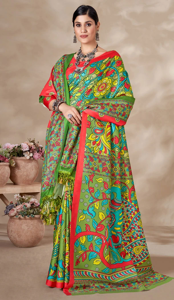 Pashmina Digital Print Work Designer Saree In Green - 8361181988