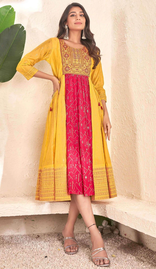 Foil Printed Multi Color Cotton Readymade Women Kurti - 8362181989