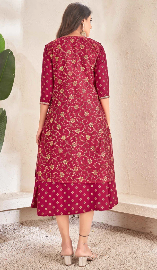 Foil Printed Maroon Color Cotton Readymade Women Kurti - 8362181990