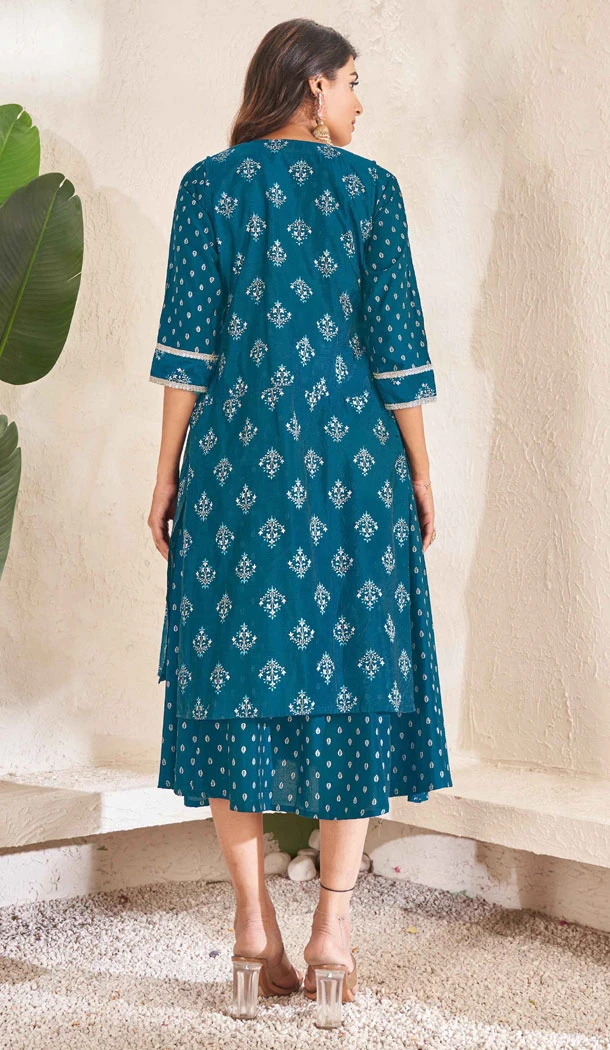 Foil Printed Teal Color Cotton Readymade Women Kurti - 8362181991