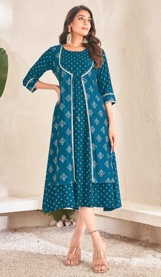 Foil Printed Teal Color Cotton Readymade Women Kurti - 8362181991