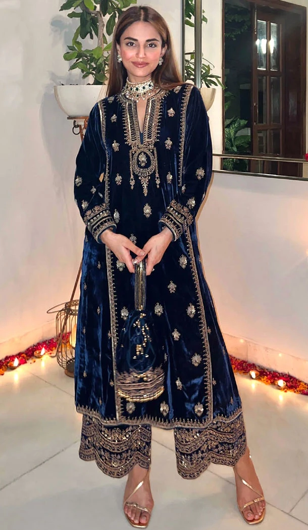 Blue Velvet With Embroidery Work Party Wear Pakistani Palazzo Suit - 8369182012