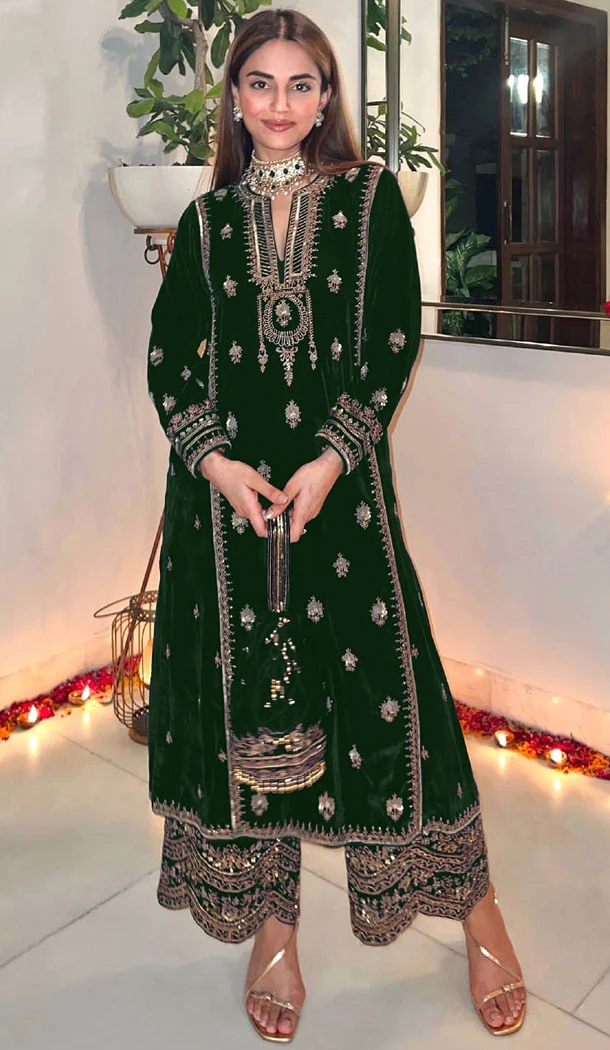 Green Velvet With Embroidery Work Party Wear Pakistani Palazzo Suit - 8369182013