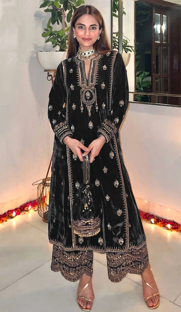 Black Velvet With Embroidery Work Party Wear Pakistani Palazzo Suit - 8369182014