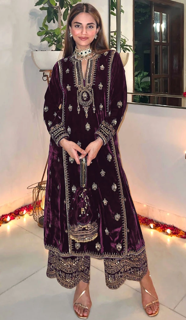 Purple Velvet With Embroidery Work Party Wear Pakistani Palazzo Suit - 8369182015