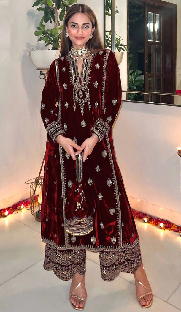 Maroon Velvet With Embroidery Work Party Wear Pakistani Palazzo Suit - 8369182016
