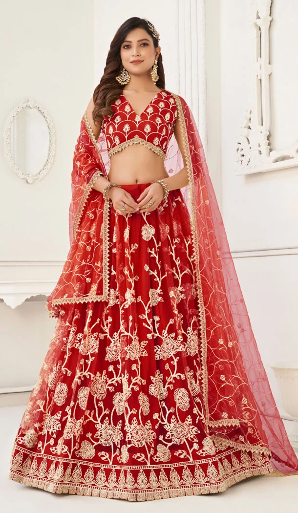 Butterfly Net With Embroidery Work Designer Lehenga Choli In Red - 8370182019
