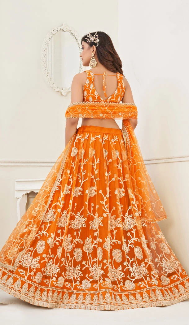 Butterfly Net With Embroidery Work Designer Lehenga Choli In Orange - 8370182020