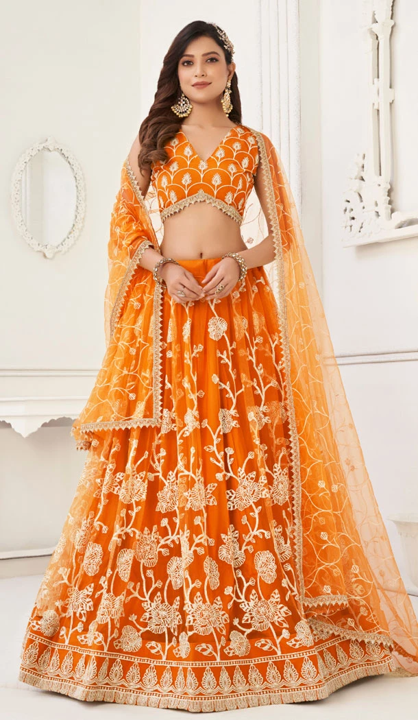 Butterfly Net With Embroidery Work Designer Lehenga Choli In Orange - 8370182020