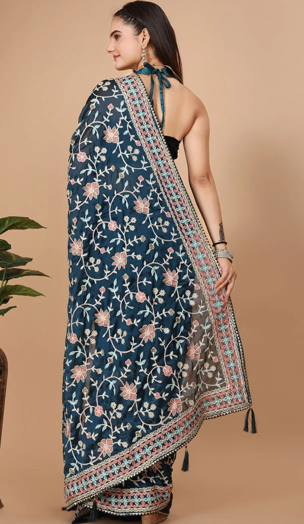 Party Wear Soft Rangoli Silk Embroidered Teal Color Designer Saree - 8378182071