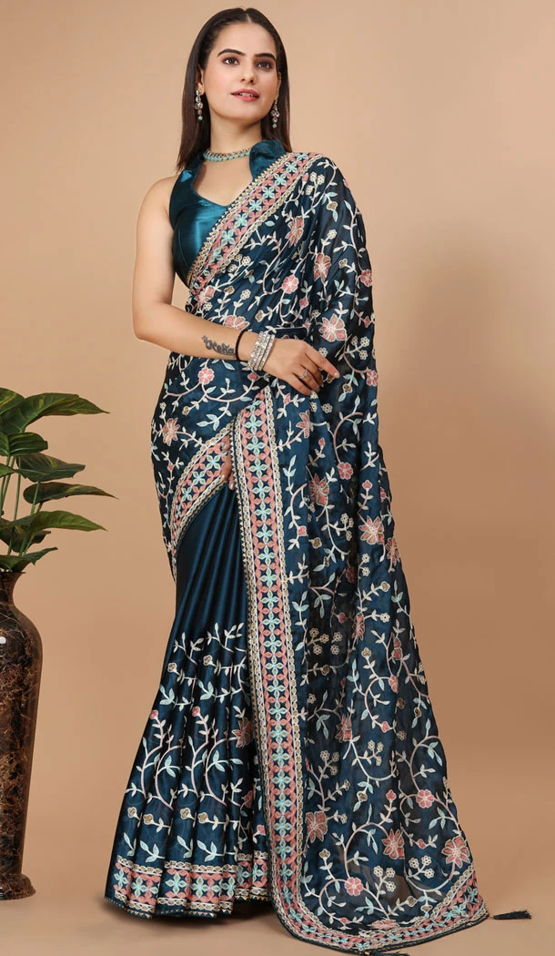 Party Wear Soft Rangoli Silk Embroidered Teal Color Designer Saree - 8378182071