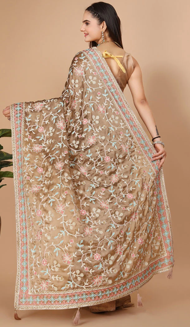 Party Wear Soft Rangoli Silk Embroidered Beige Color Designer Saree - 8378182073