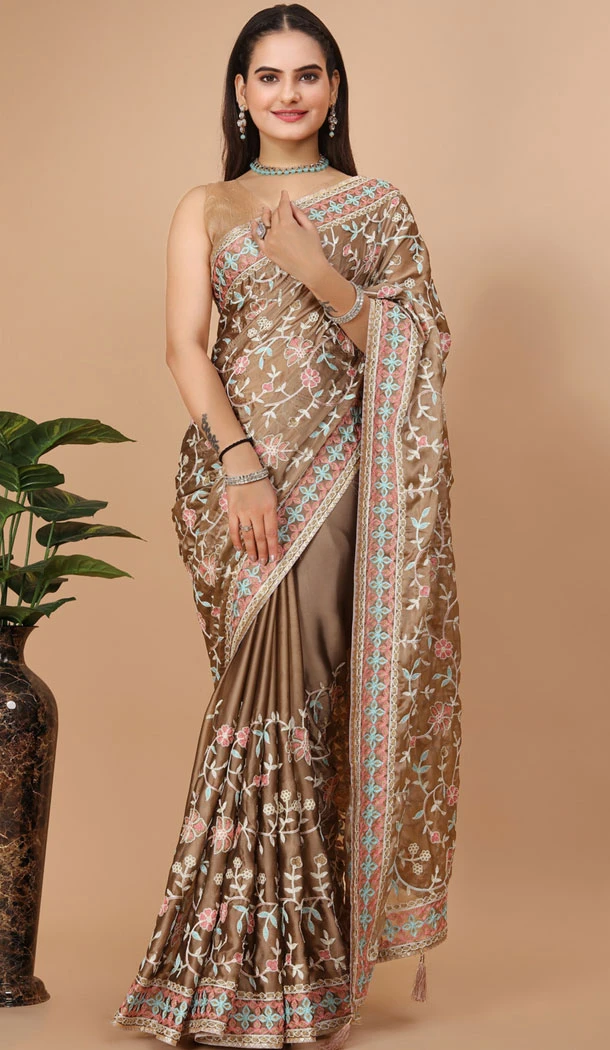 Party Wear Soft Rangoli Silk Embroidered Beige Color Designer Saree - 8378182073