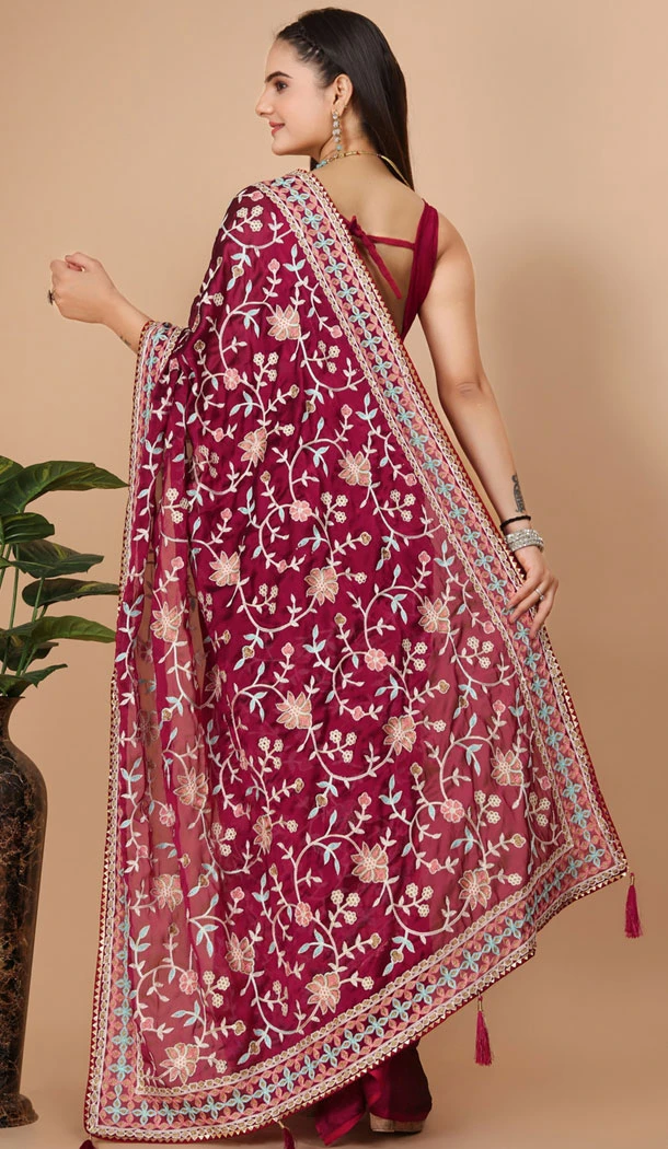 Party Wear Soft Rangoli Silk Embroidered Maroon Color Designer Saree - 8378182075