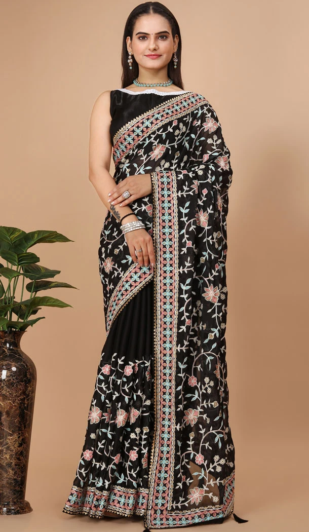 Party Wear Soft Rangoli Silk Embroidered Black Color Designer Saree - 8378182076