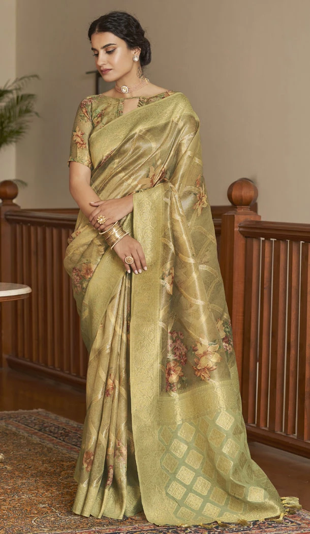 Dark Beige Organza Tissue Silk Digital Print Work Saree - 8384182103