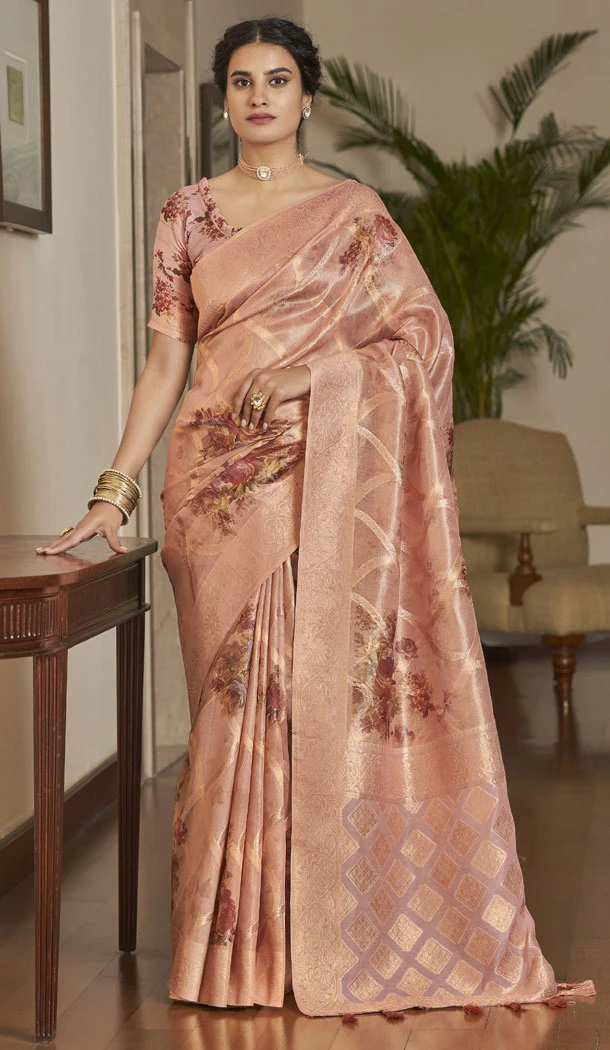 Peach Organza Tissue Silk Digital Print Work Saree - 8384182105
