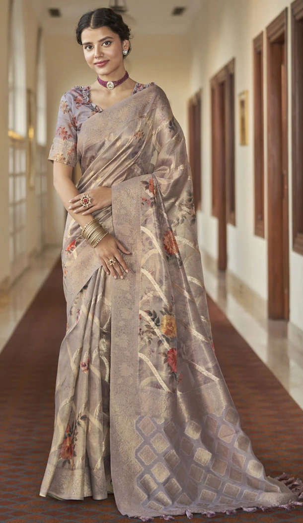 Light Mauve Organza Tissue Silk Digital Print Work Saree - 8384182106