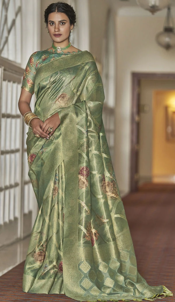 Sage Green Organza Tissue Silk Digital Print Work Saree - 8384182109