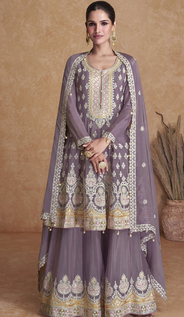 Designer Georgette Embroidery Work Pakistani Sharara Suit In Light Purple - 8387182119
